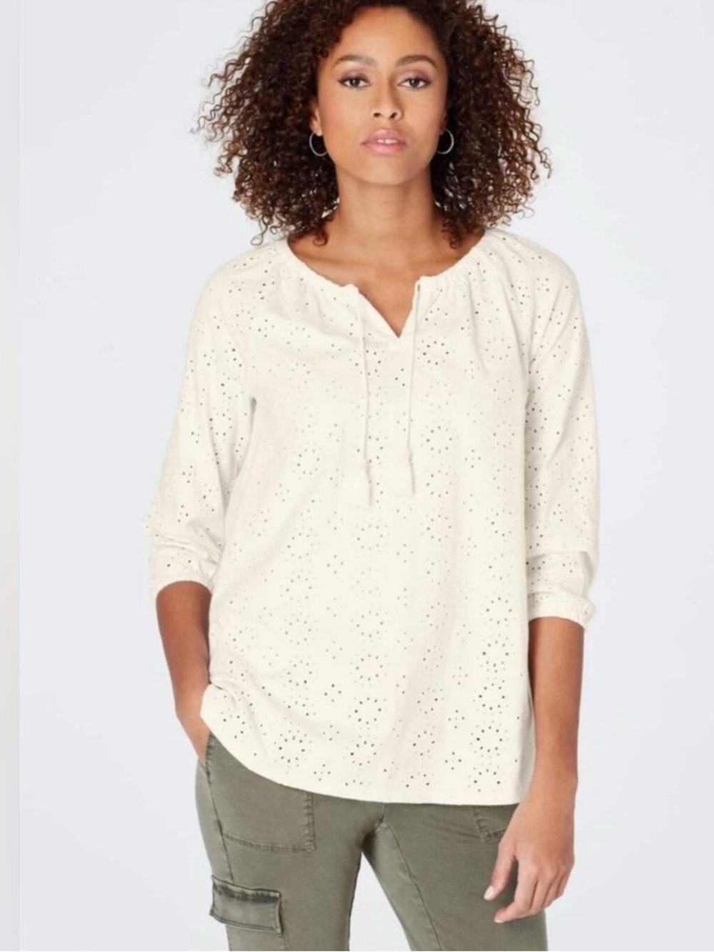 J. Jill Women's Cream Eyelet Henley Top Blouse M Petite